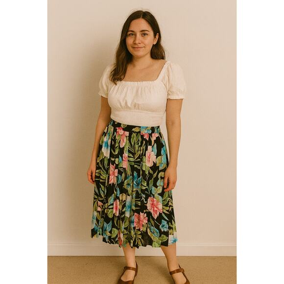 Vintage Alfred Dunner Floral Pleated Midi Skirt Size 12P Elastic Waist Tropical - Picture 1 of 11